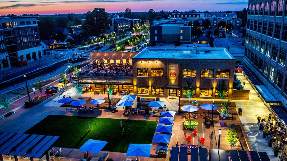 Aerial shot of businesses