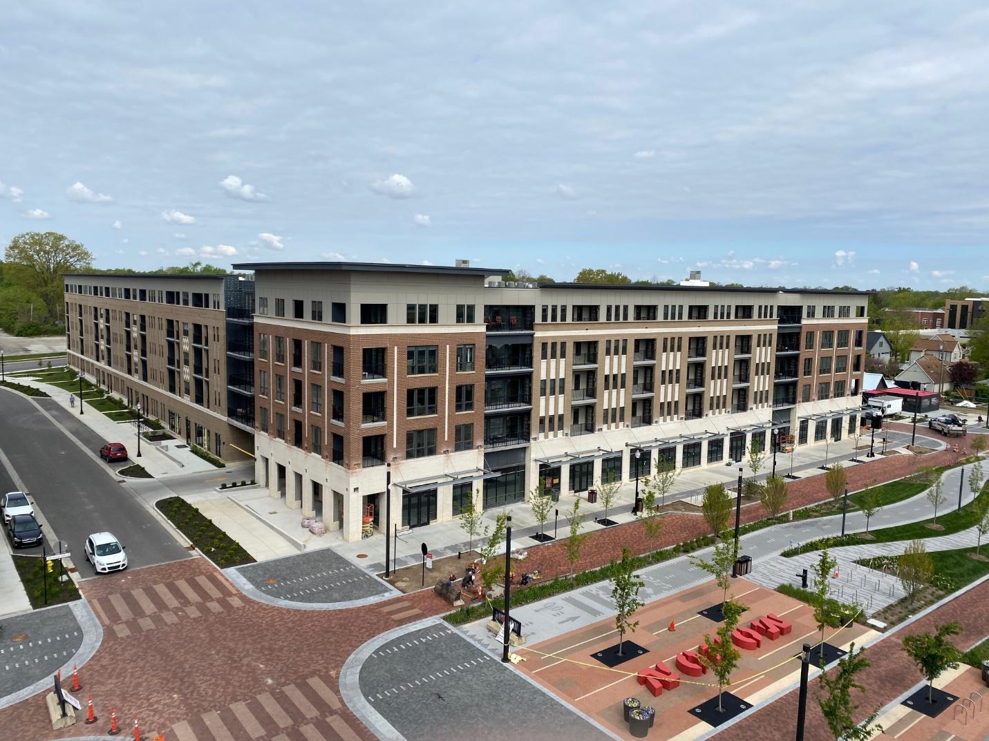 Drone shot of The Railyard at the streetcorner with intersection in view