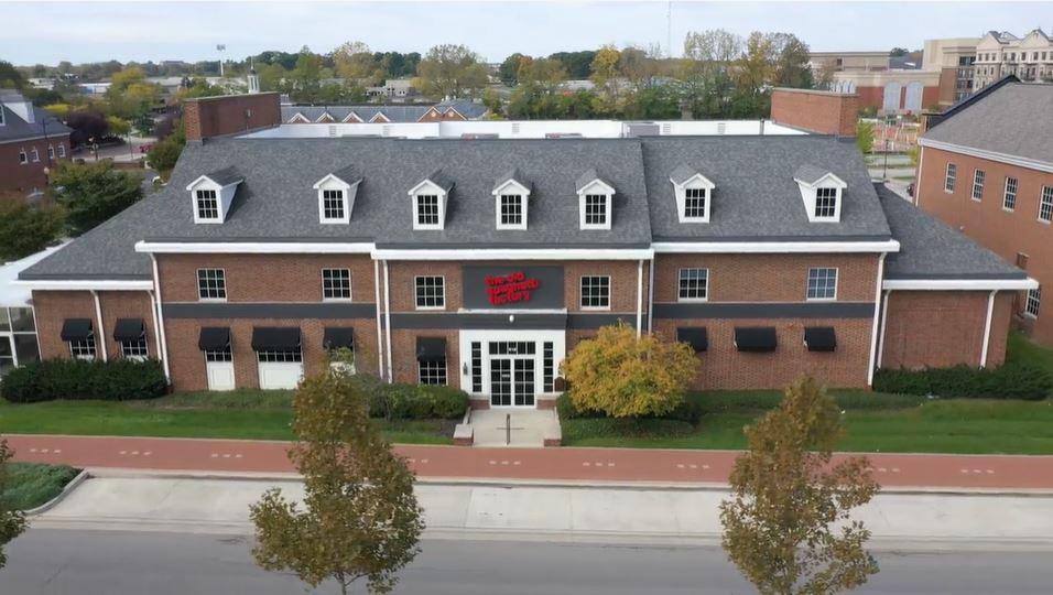 drone shot front of building