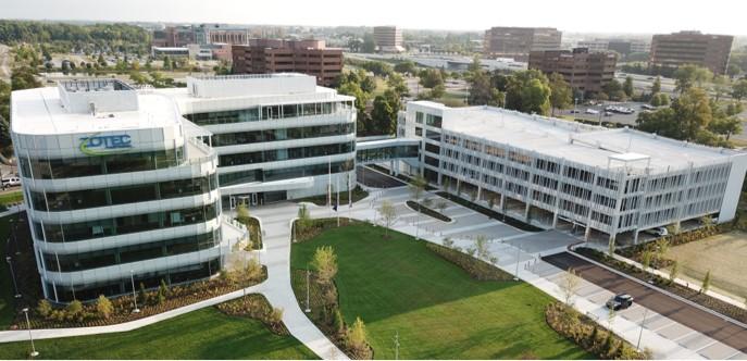 after drone shot of entire office campus